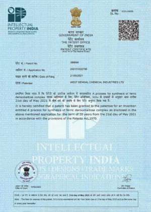 Patent Certificate - Ferric Derisomaltose Complex - WBCIL