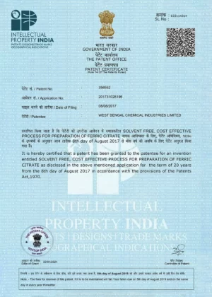 Patent Certificate - Solvent Free - Ferric Citrate - WBCIL