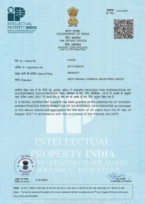 Patent Certificate - Sucroferric Oxyhydroxide - WBCIL