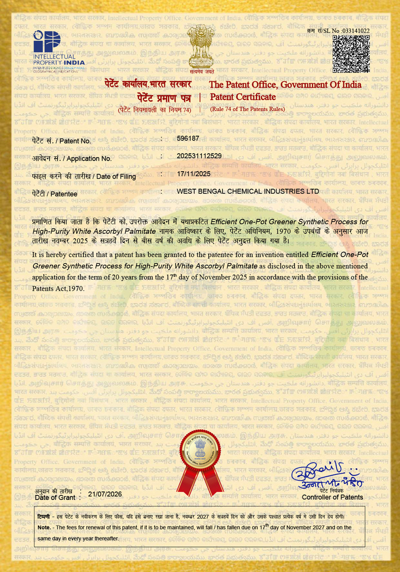 Efficient One-Pot Greener Synthetic Process for High-Purity White Ascorbyl Palmitate - Patent No.596187